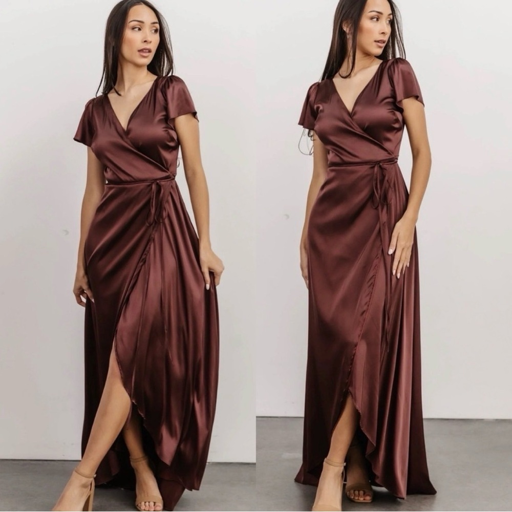 NWT Baltic Born Krystal Satin Wrap Dress Dark Clove Brown Size Large